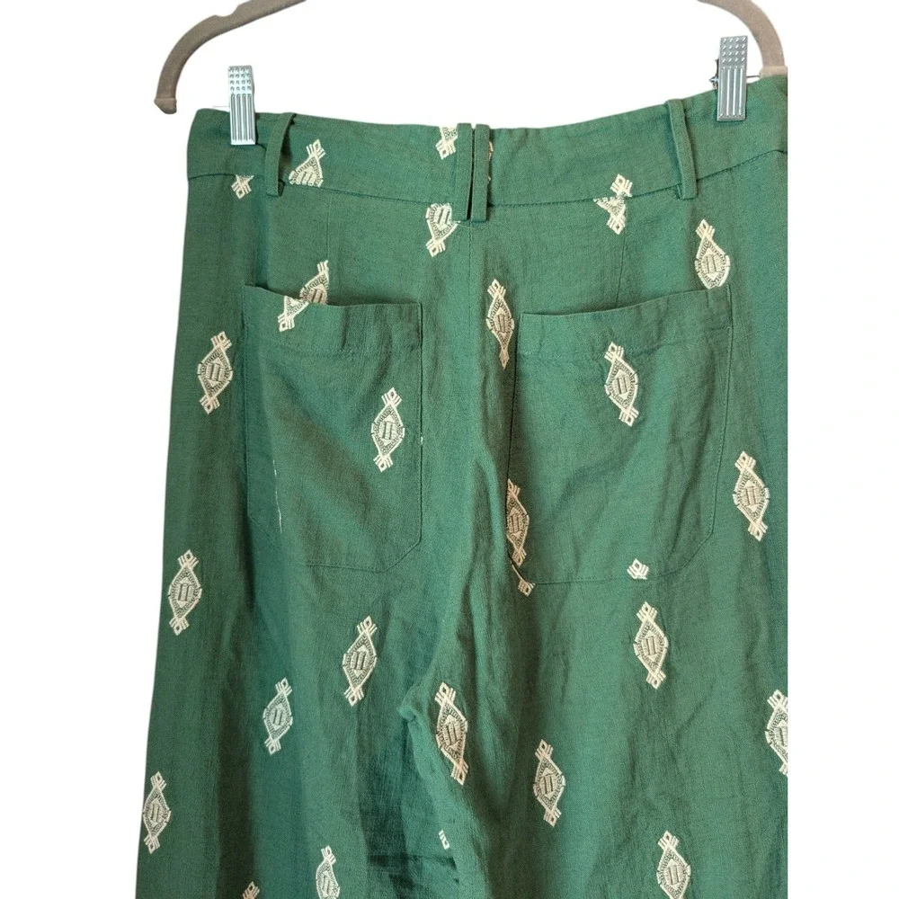 Zara Wide Leg Pants Green Embroidered Linen Blend Women's Size M Embroidered